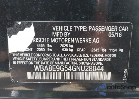 2016 BMW 328I from USA, damaged, VIN WBA8E9G54GNU28044